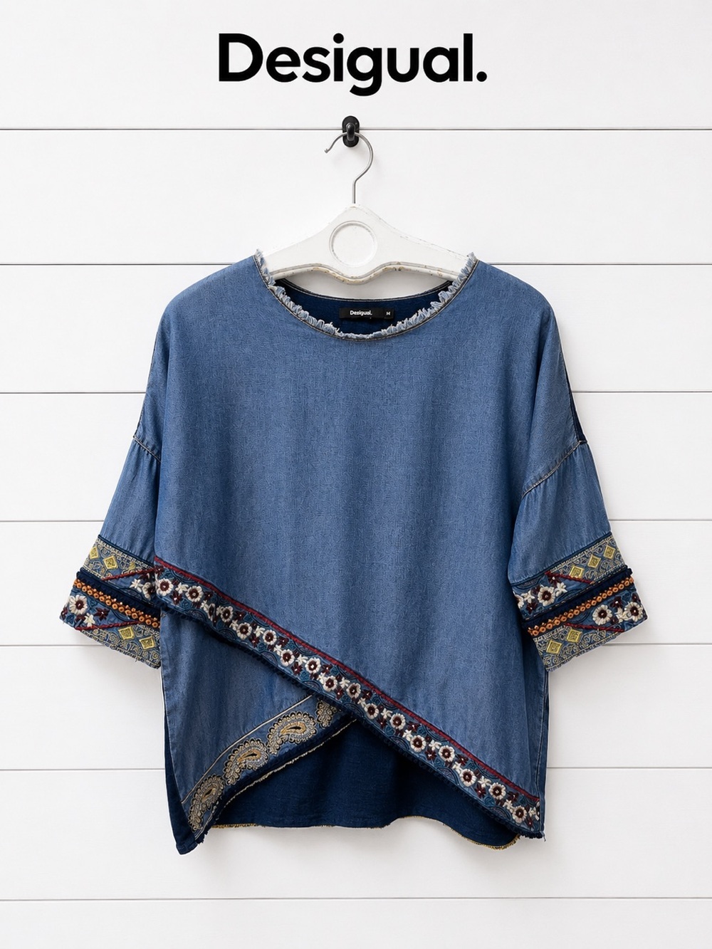 Desigual Embroidered Chambray Top – Blue – Size M